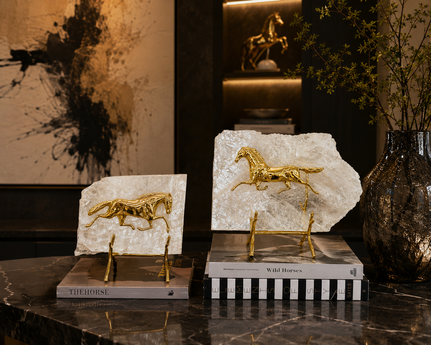 Maison Couture - Set of 2 Equestrian Gilded Hidden Stallion Grande Quartz Horse Statues