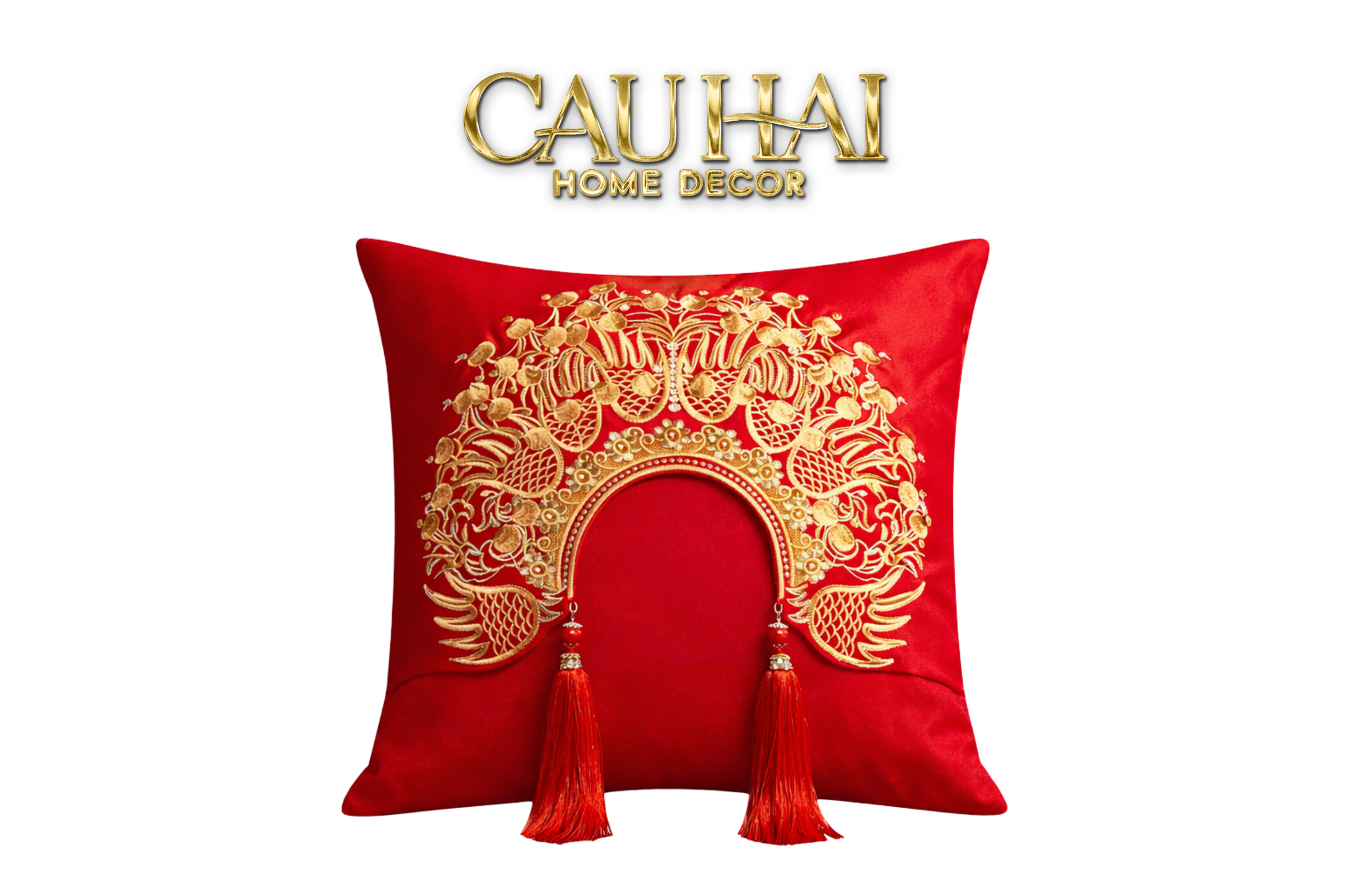 Tết Couture - Vỏ Gối Lụa Thêu - Impérial Phoenix Rouge Vermillon Empress 45