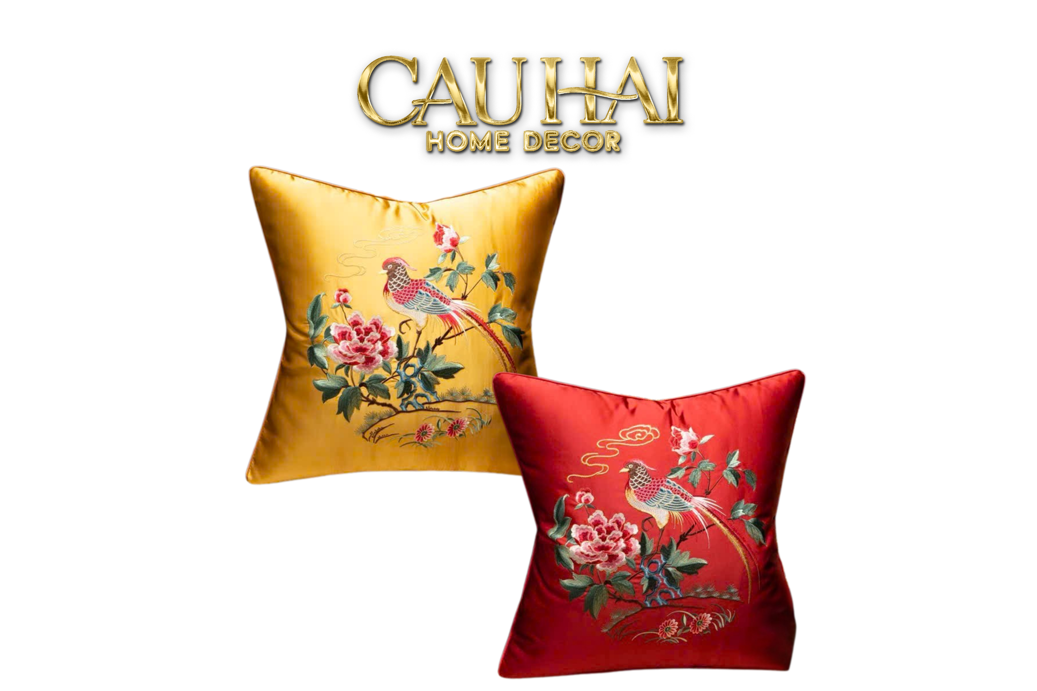 Tết Couture - Vỏ Gối Lụa Thêu Cẩm Điểu Mẫu Đơn 45