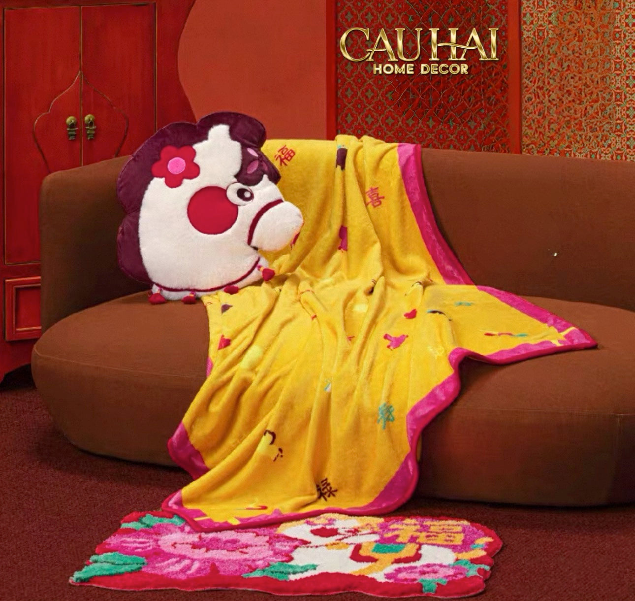 Tết Couture - Gối Chăn Cashmere Bạch Mã Kim Tường 120 x 150 Bonheur Cheval Blanket