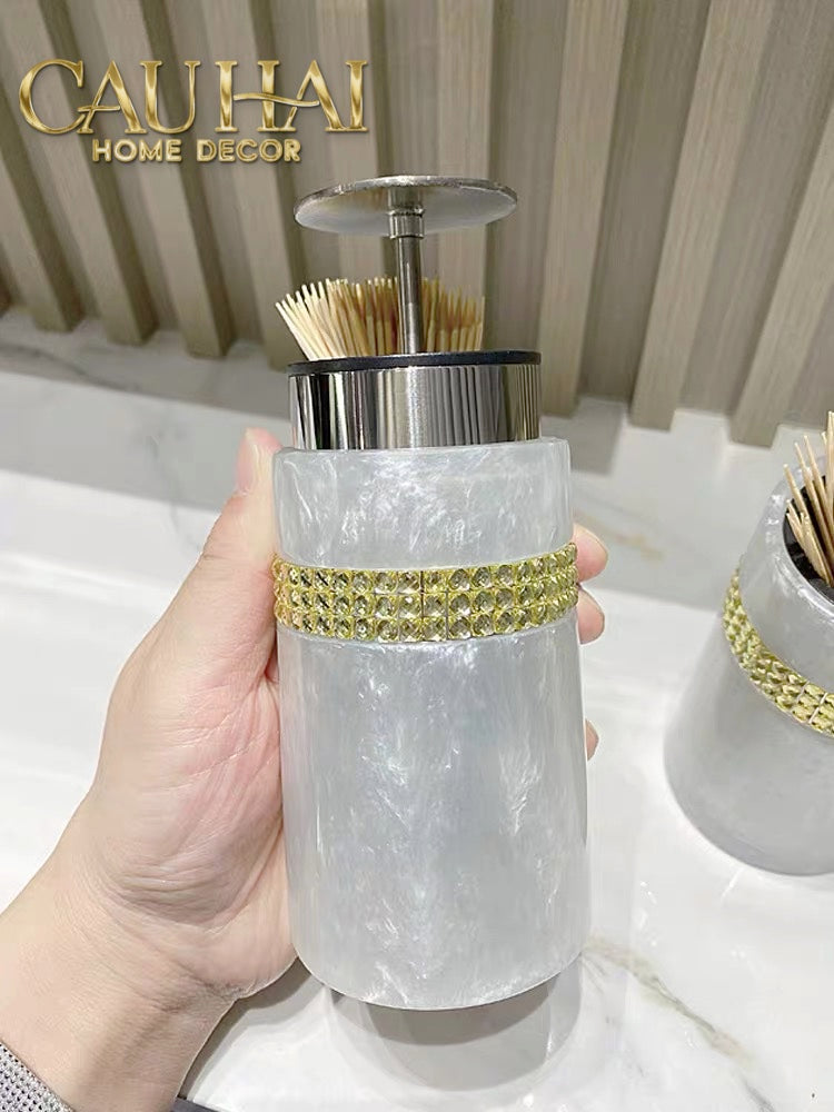 Lọ Tăm Khảm Xà Cừ Resin Cygne Nacre D'Or Toothpick Holder 6x12