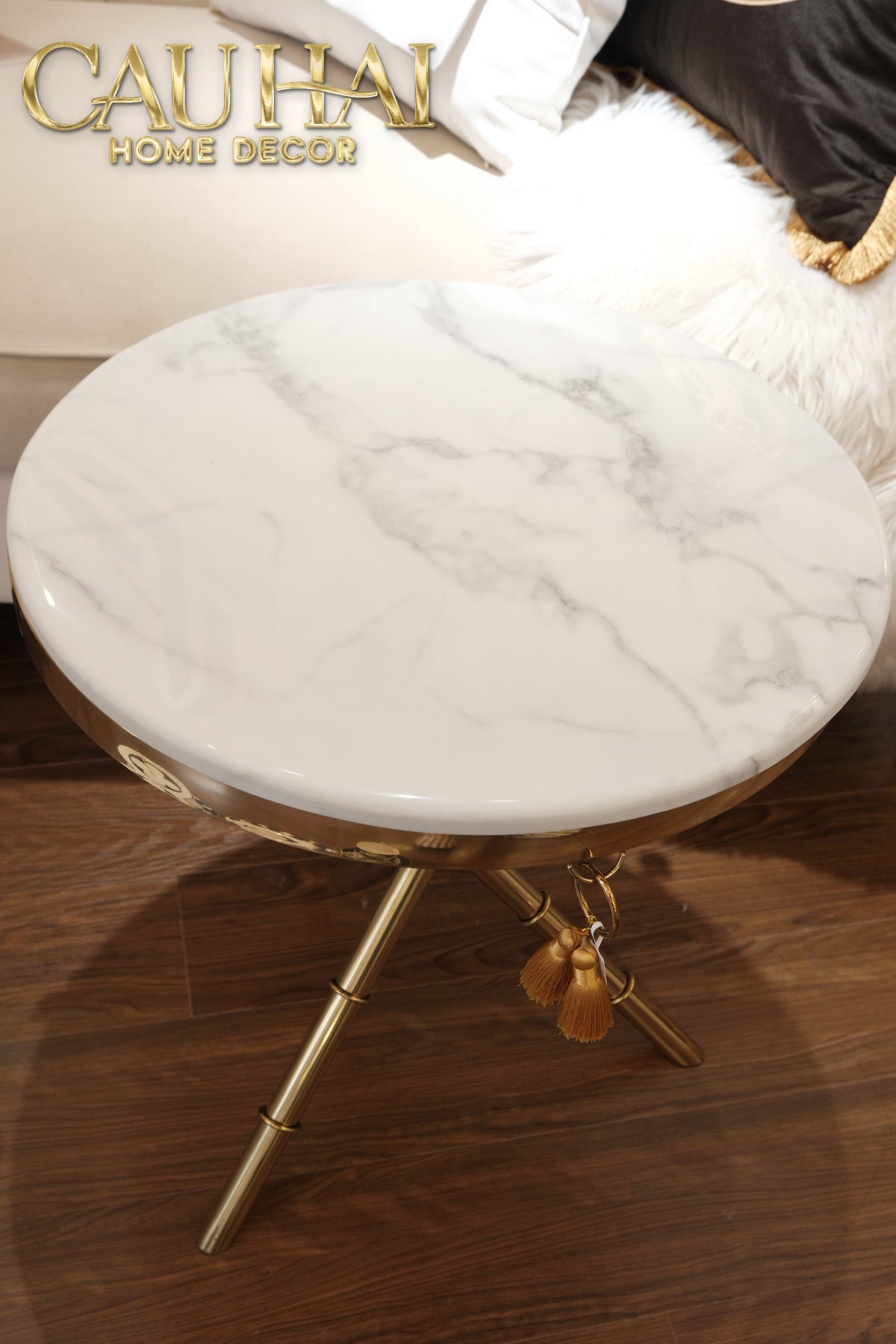 Bàn Sofa Marble Tròn Chinoiserie Bamboo D'Or Ivory H49x53-BÀN SOFA-CẬU HAI HOME DECOR