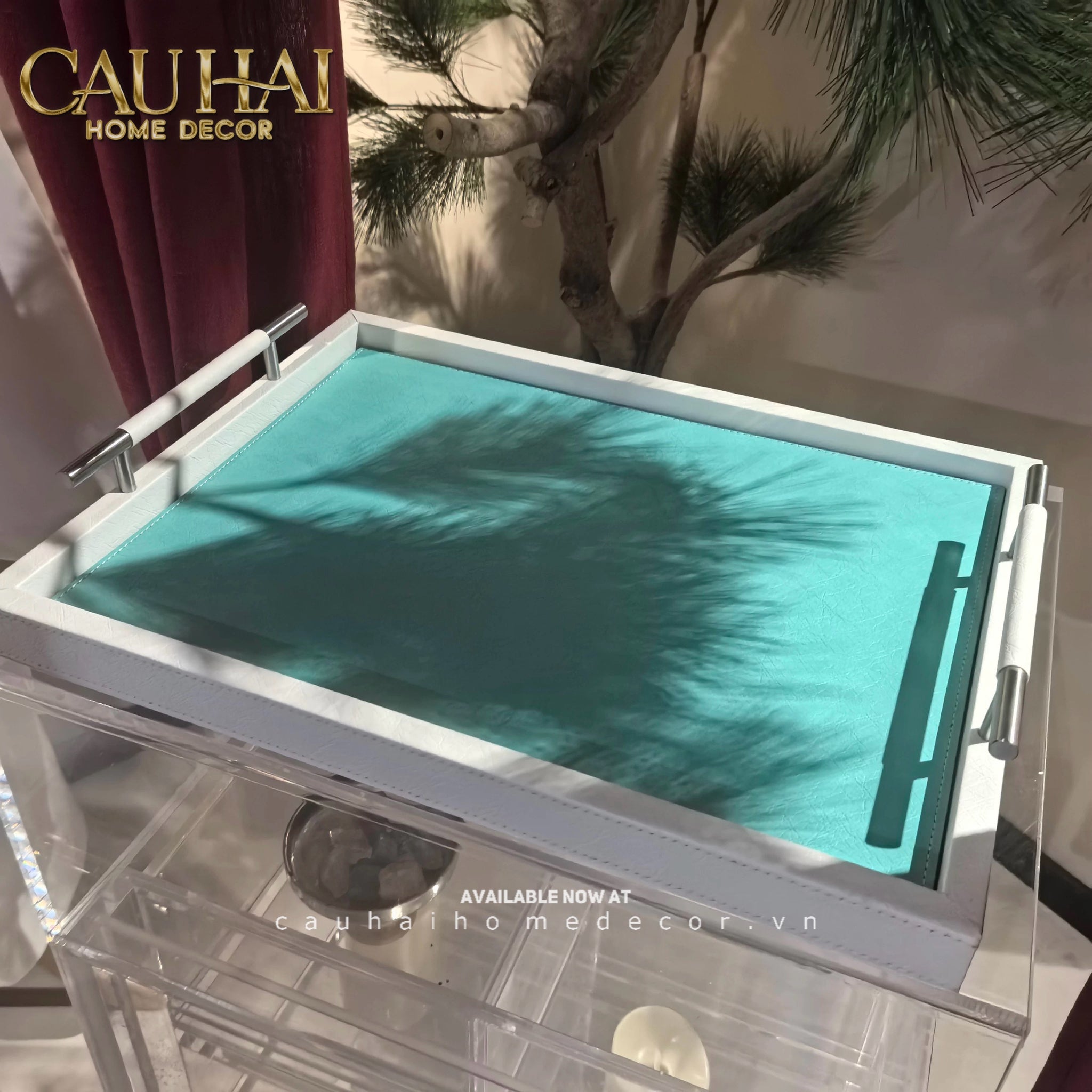 Khay Gỗ Chữ Nhật Xanh Mint Elegance Luxe Leather - Azure Turquoise 32.5x42.5