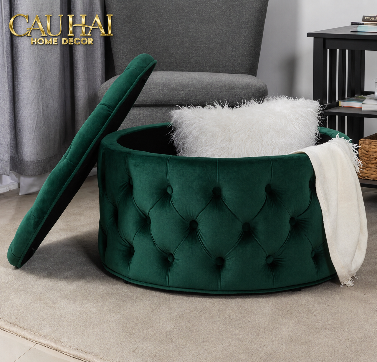 Ghế Đôn Nhung Tròn Chester Époque Emerald 90x40