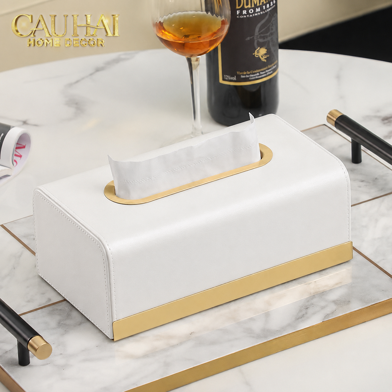 Maison Couture - Hộp Khăn Giấy Royale Blanc Satin Impérial Paon Plumage Tissue Holders