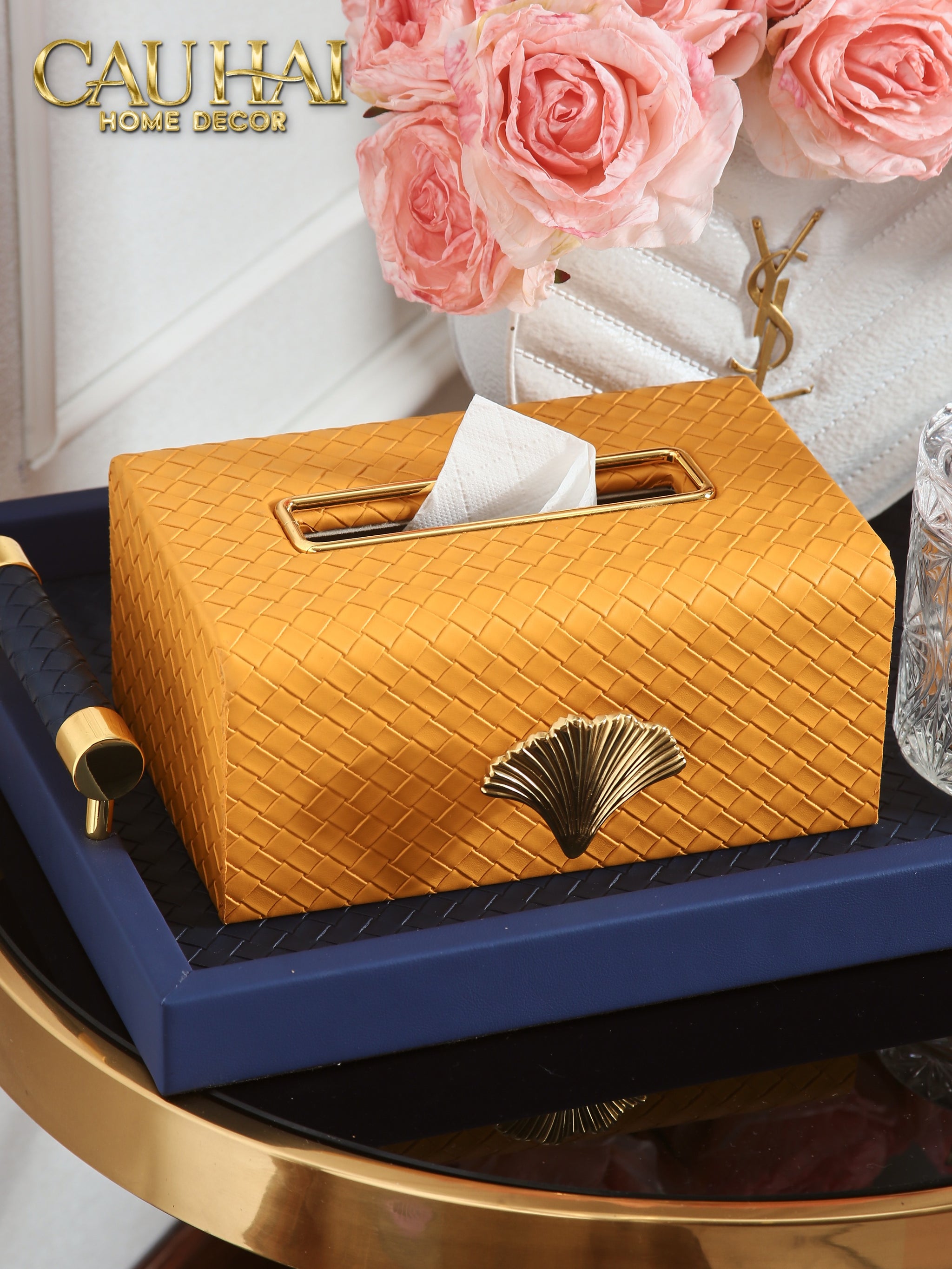 HỘP KHĂN GIẤY DA ĐAN  WOVEN MUSTARD