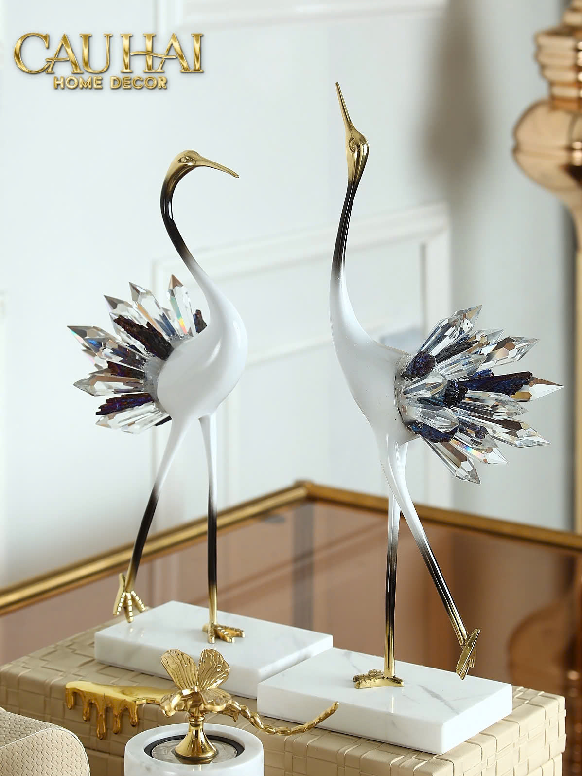 HOME COUTURE - SET 2 TƯỢNG TIÊN HẠC PHA LÊ - CELESTIAL CRYSTAL CRANES-CẬU HAI HOME DECOR