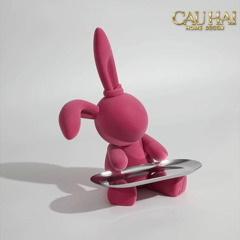 Fêtes Couture - Tượng Thỏ Nhung - Figurine Lapin Pink Velour Maison H30-CẬU HAI HOME DECOR