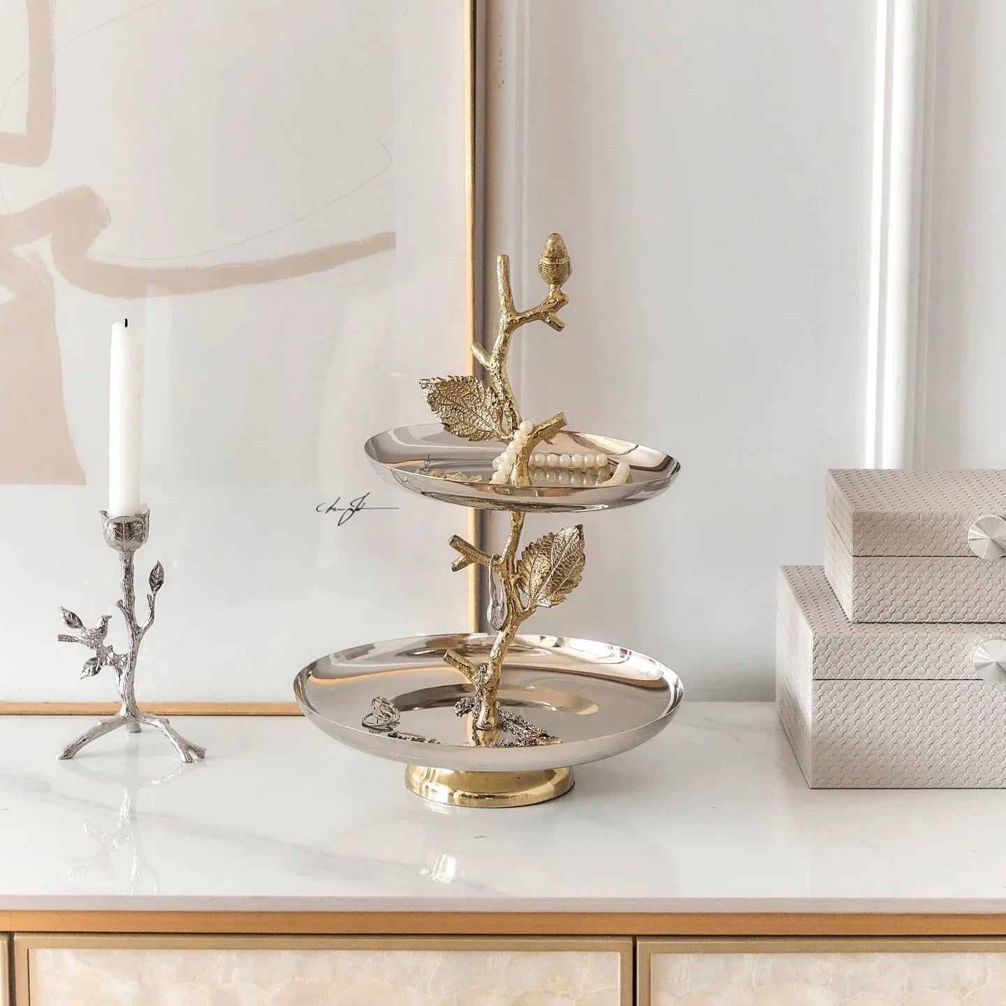 Maison Couture - Đĩa Bánh 2 Tầng Nhập Khẩu Ấn Độ - Platinum Elysian Étagère - 2 Niveaux 25x40.6.