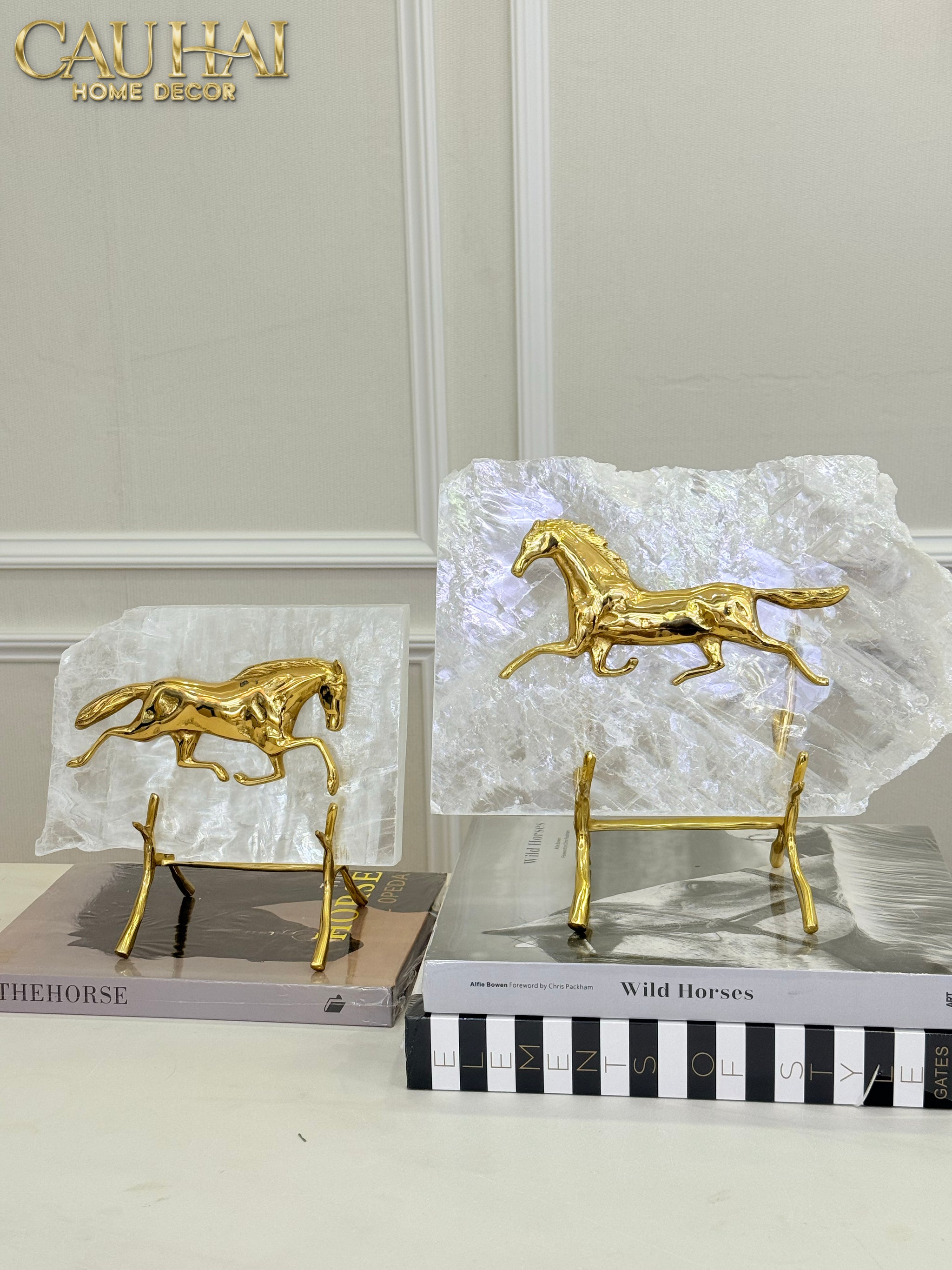 Maison Couture - Set of 2 Equestrian Gilded Hidden Stallion Grande Quartz Horse Statues
