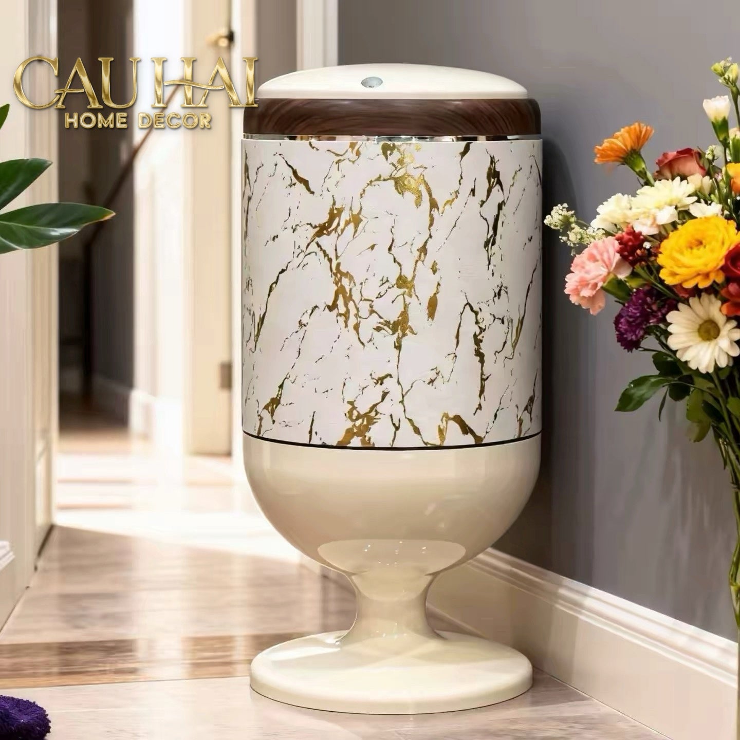 Thùng Rác Cao Cấp 20L Vân Đá - Marble Royale Gold