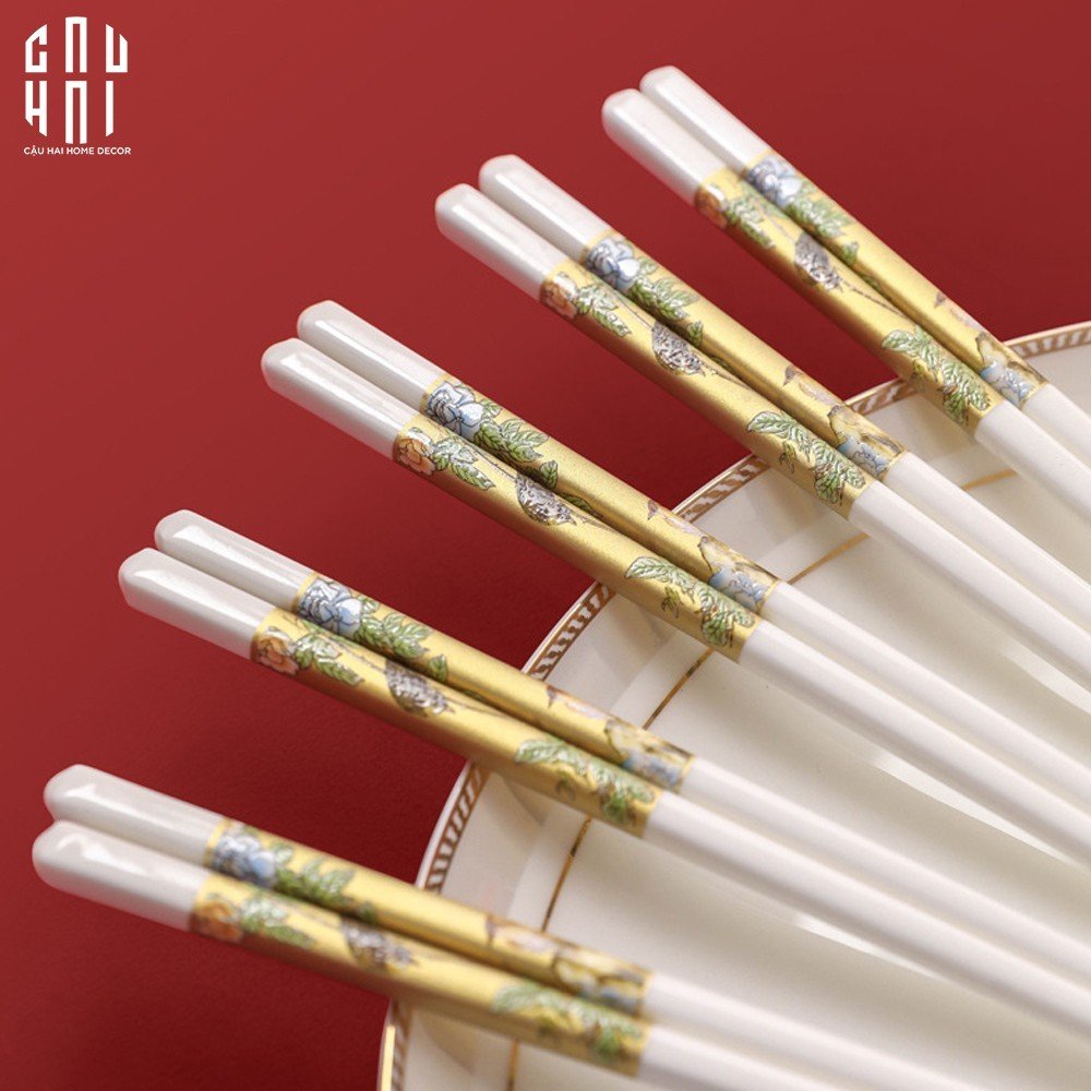 Set 10 Đôi Đũa Sứ BST Khổng Tước Hoàng Kim Porcelain Chopstick 25cm