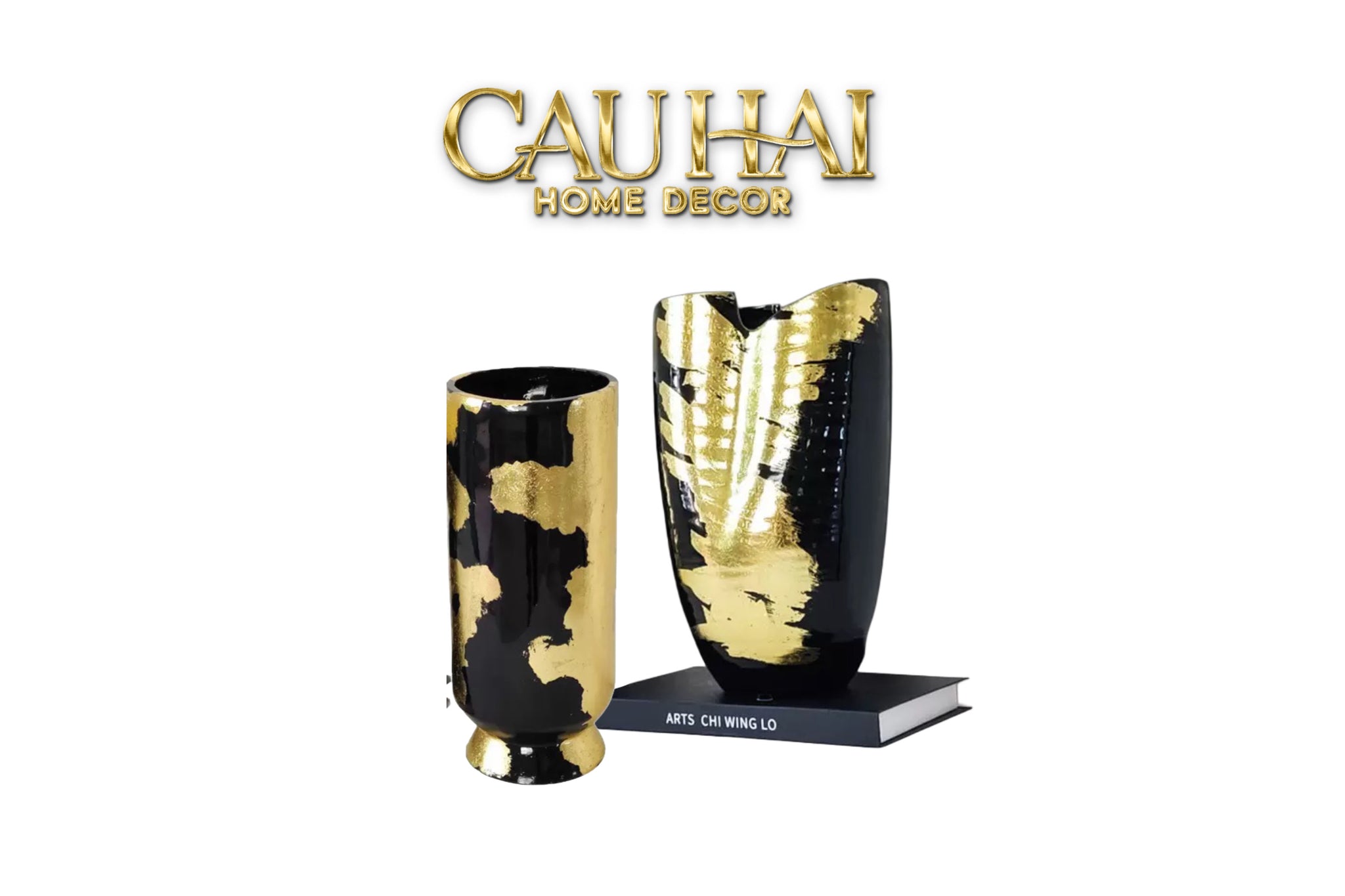 Maison Couture - Bình Hoa Gốm Mun Mài Dát Vàng Noir Laqué Feuille d’Or Vase 34