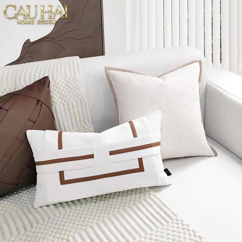 Gối Da Cadre Harnais Ivory Cognac 30x50-VỎ GỐI SOFA-CẬU HAI HOME DECOR