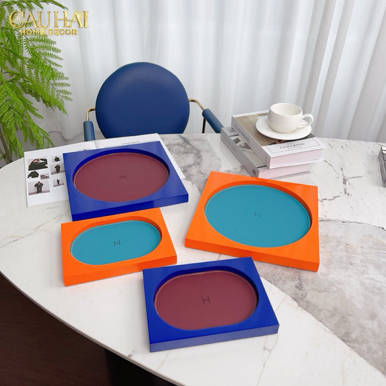 Maison Couture – Khay Chữ Nhật Gỗ Lót Da Équinoxe Cyan