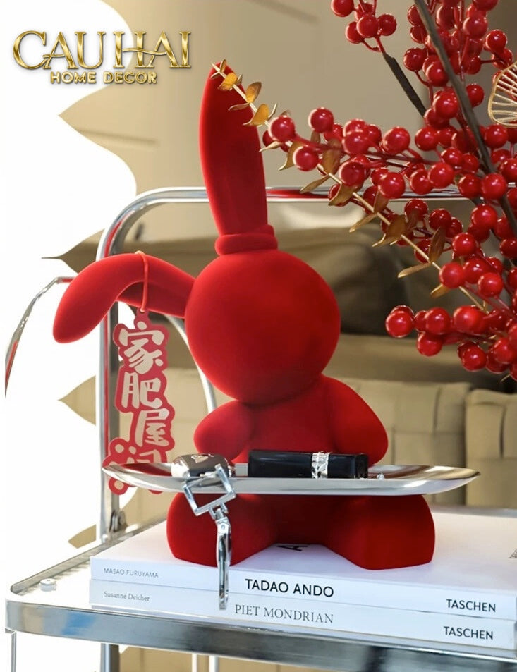 FÊTES COUTURE - TƯỢNG THỎ FIGURINE ROUGE VELOUR JOLI LAPIN H30-CẬU HAI HOME DECOR