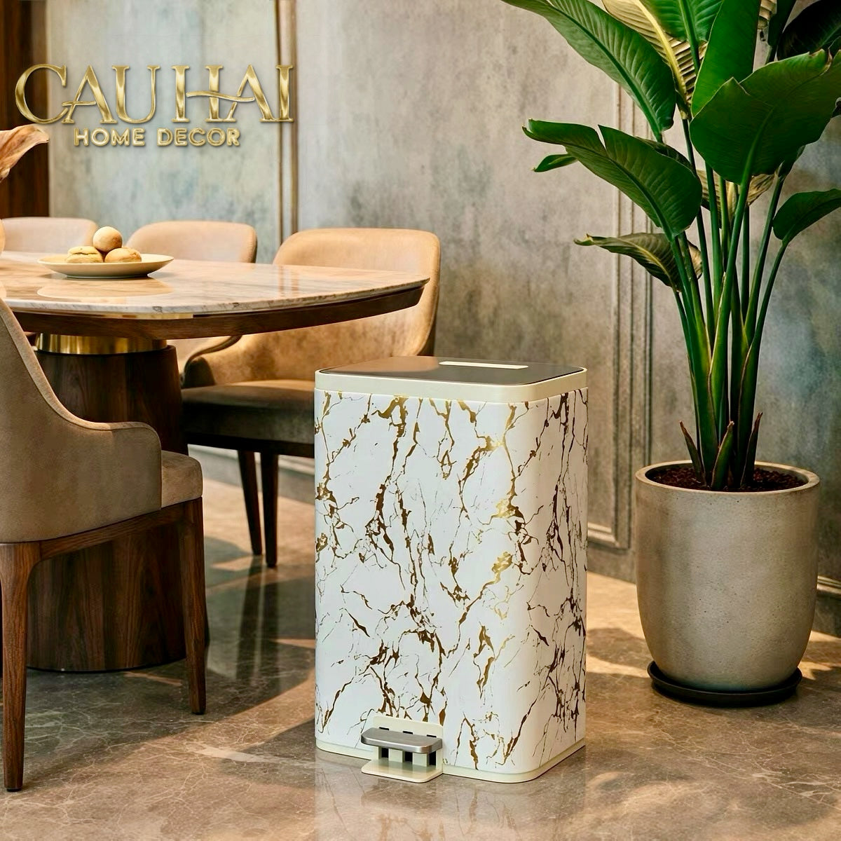 Thùng Rác Bọc Da Đạp Chân Thép Marble Silencieux Ivory 25L