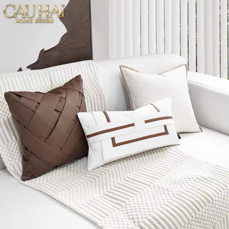 Gối Da Cadre Harnais Ivory Cognac 30x50-VỎ GỐI SOFA-CẬU HAI HOME DECOR