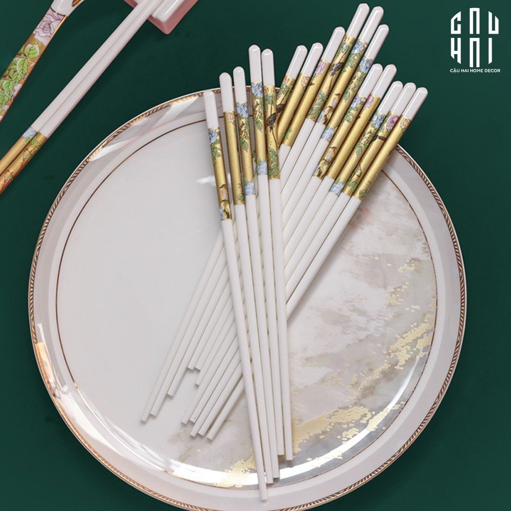 Set 10 Đôi Đũa Sứ BST Khổng Tước Hoàng Kim Porcelain Chopstick 25cm