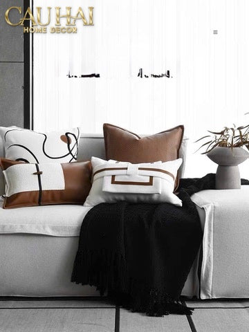Gối Da Cadre Harnais Ivory Cognac 30x50-VỎ GỐI SOFA-CẬU HAI HOME DECOR
