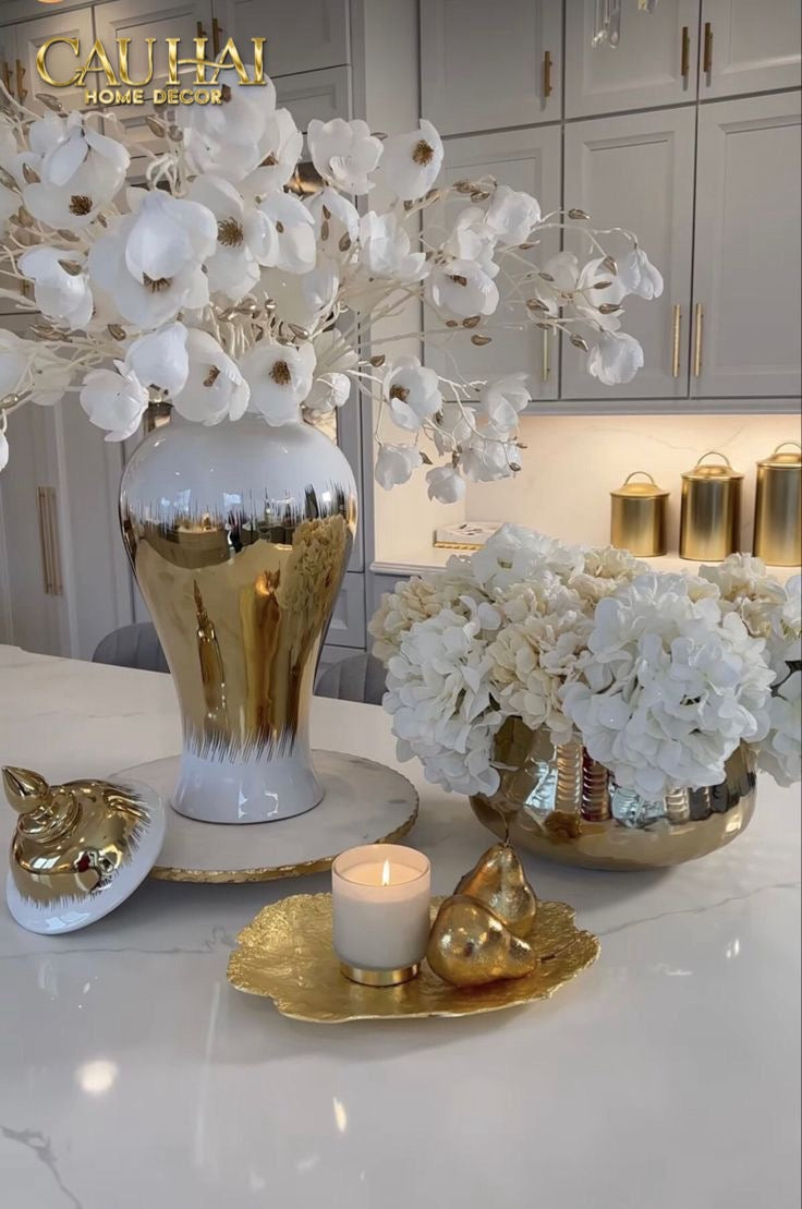 Maison Couture - Bình Hoa Sứ Trắng Mạ Vàng  - La Dune Dorée 35x17x17