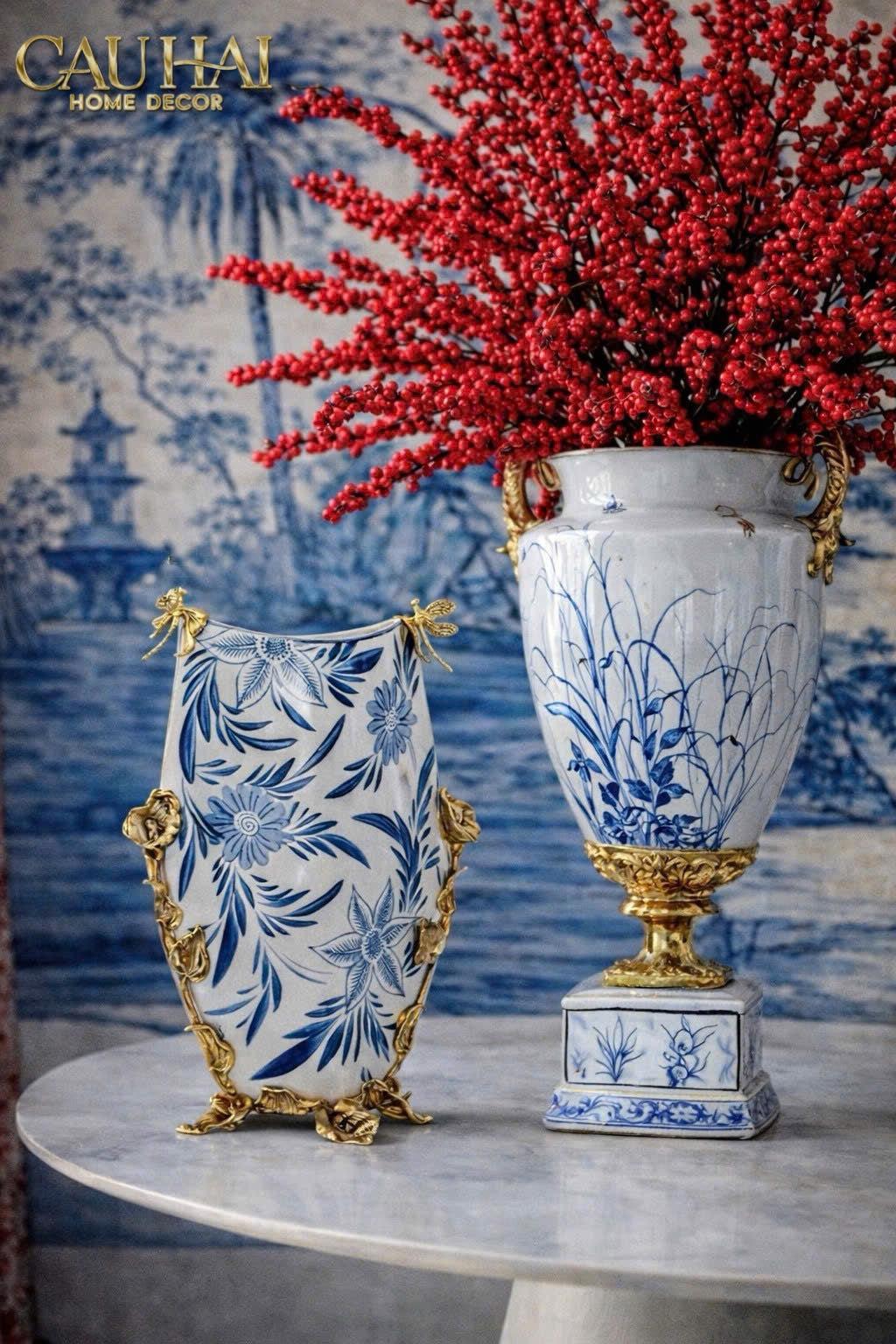 Maison Couture - Bình Hoa Imperium Empire Divine Vase - Dragonfly Horizon Urn Indochine Bleu  H35x24x16