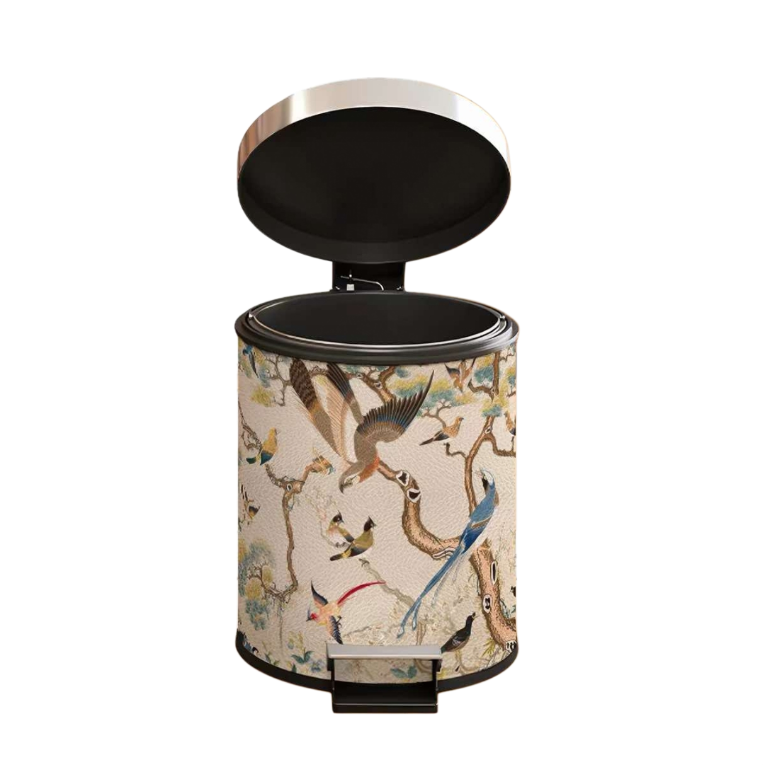 Thùng Rác Bọc Da Đạp Chân Thép Chinoserie Jardin Des Oiseaux Ivory 12L 25x30