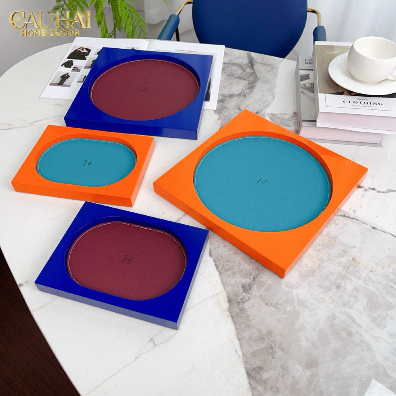 Maison Couture – Khay Chữ Nhật Gỗ Lót Da Équinoxe Cyan