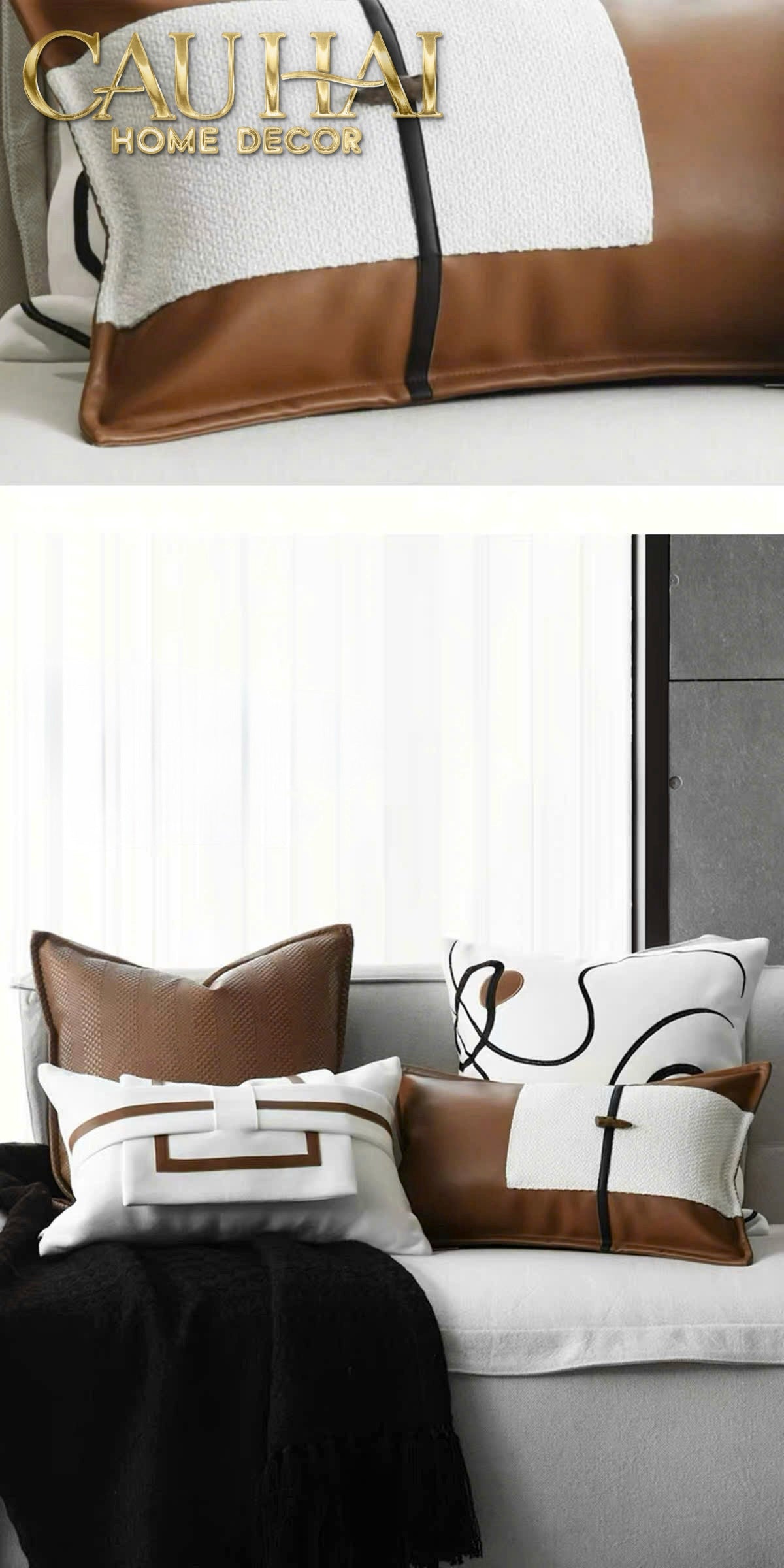 Gối Da Cadre Harnais Ivory Cognac 30x50-VỎ GỐI SOFA-CẬU HAI HOME DECOR