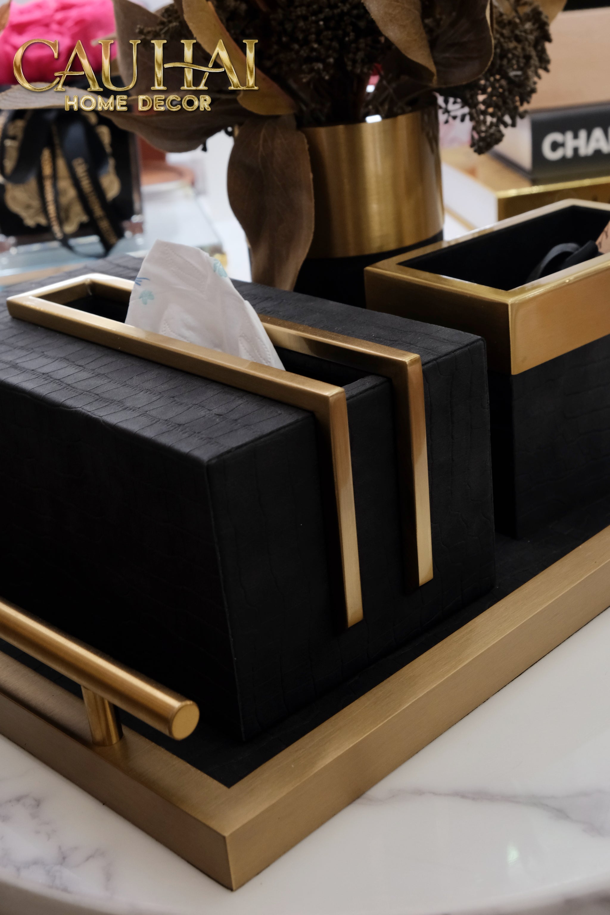 Maison Couture - Set Khay Hộp Giấy Gỗ Sồi Da Cao Cấp Có Bình Hoa - Luxe Oakwood Birkin Noire Vanities 4Pcs 30x40