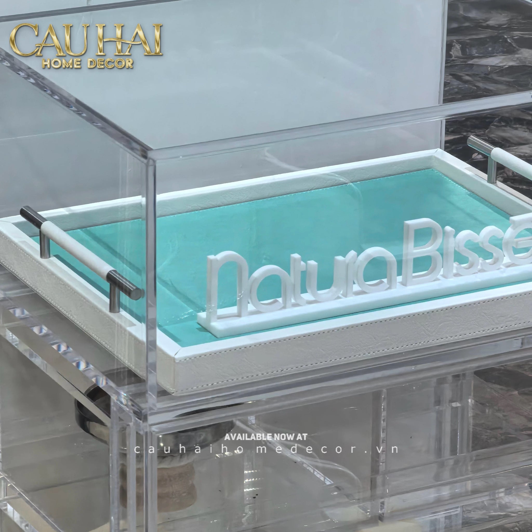 Khay Gỗ Chữ Nhật Xanh Mint Elegance Luxe Leather - Azure Turquoise 32.5x42.5