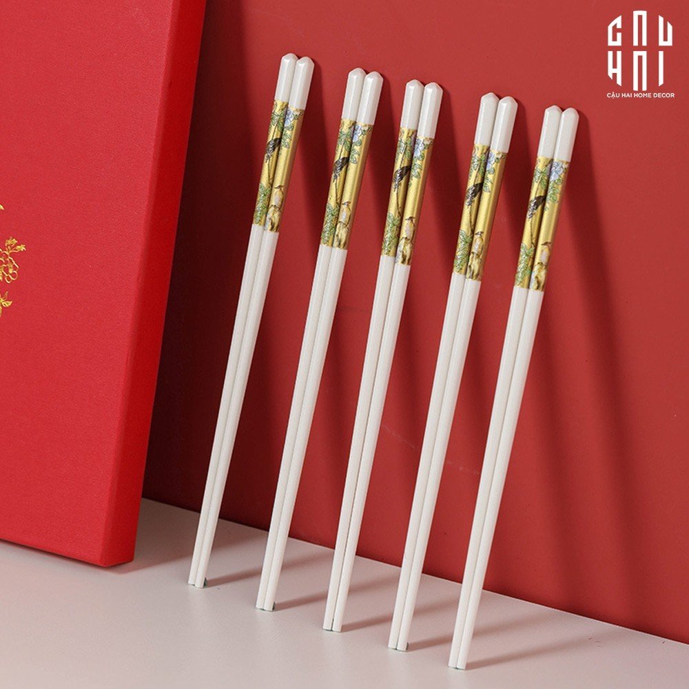 Set 10 Đôi Đũa Sứ BST Khổng Tước Hoàng Kim Porcelain Chopstick 25cm