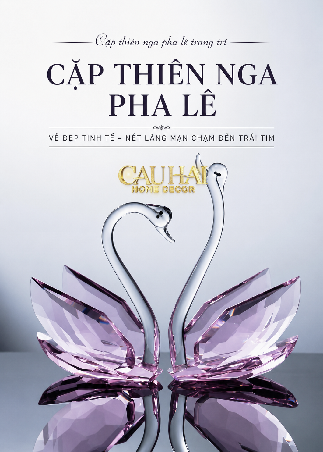 Set 2 Tượng Thiên Nga Pha Lê Trang Trí Crystal Swan Étreinte Rosé 2pcs