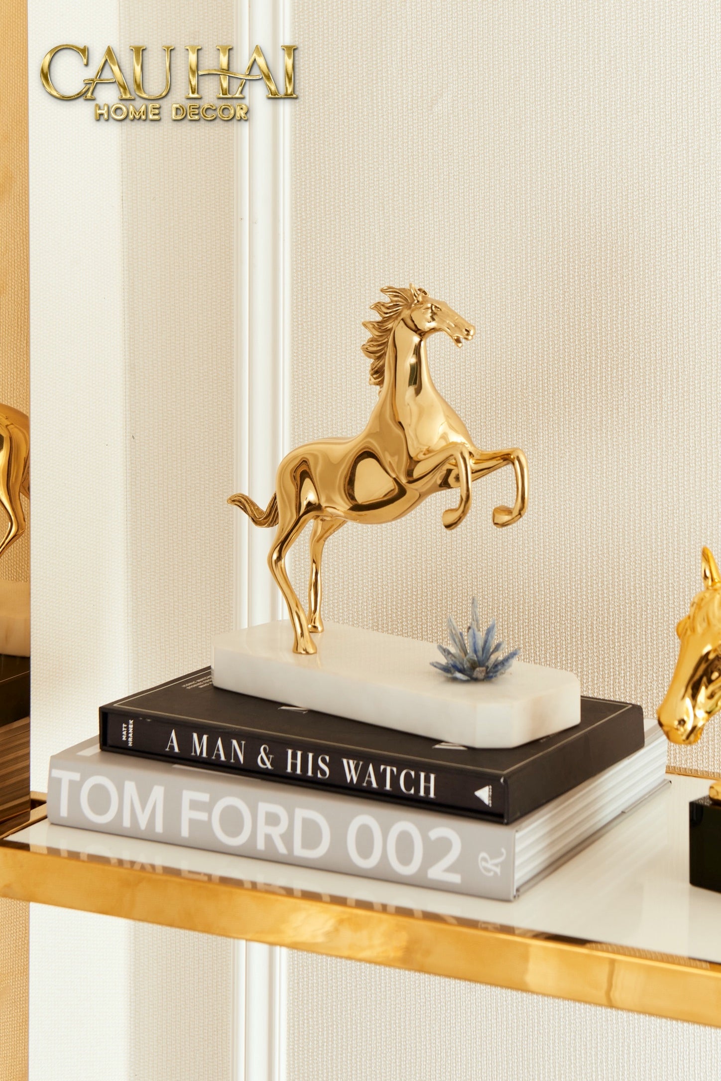 Maison Couture - Galloping Horse Statue in Blue Quartz Stone and Brass - Royale Paladin 27x26x10