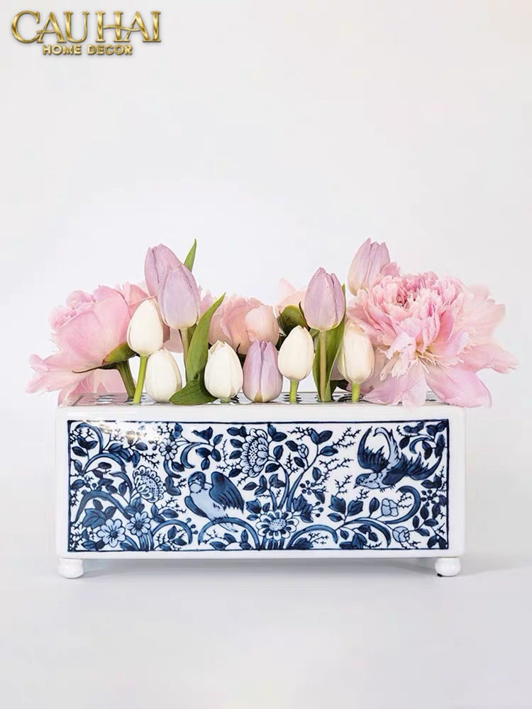 Maison Couture -  Khay Bình Hoa Blue Indigo  Indochine Héritage Floral Centerpiece Porcelain Trays 29.5 x 11