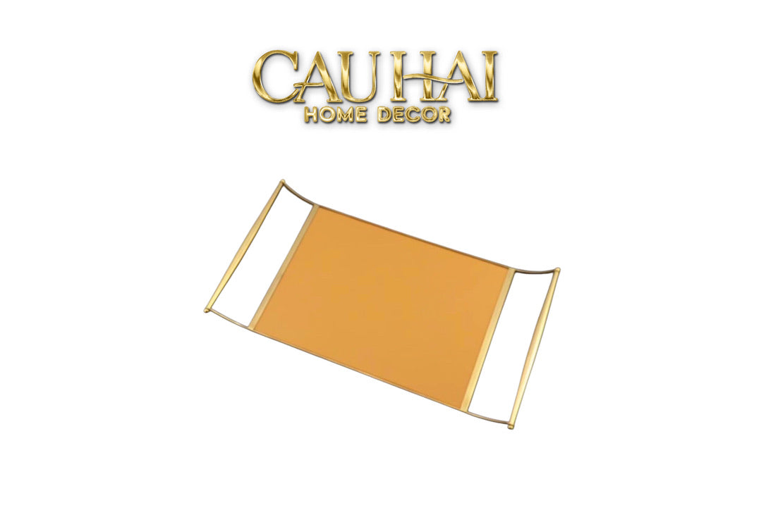 Khay Da Chữ Nhật 2 Tay Cầm -  Curves Handles Orange Leather Linea Dorée Tray 53x30cm