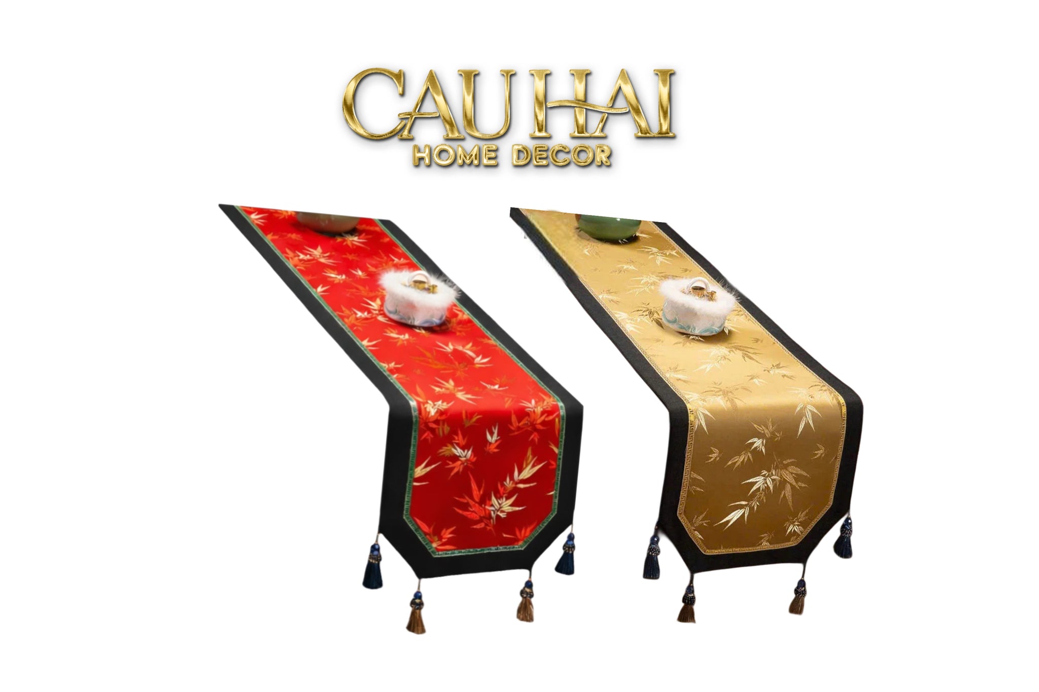 Tết Couture -  Bộ 2 Khăn Trải Bàn Gấm Thượng Hạng Hỷ Trúc Kim Mai 2M4 Luxury Brocade Table Runner