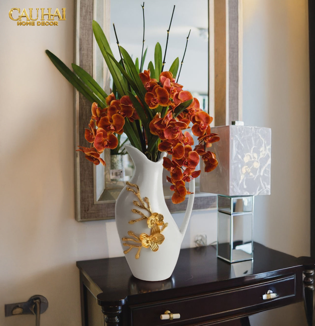 Maison Couture - Bình Hoa Sứ Trắng  Orchidée d’Or Vase Éwer  H34