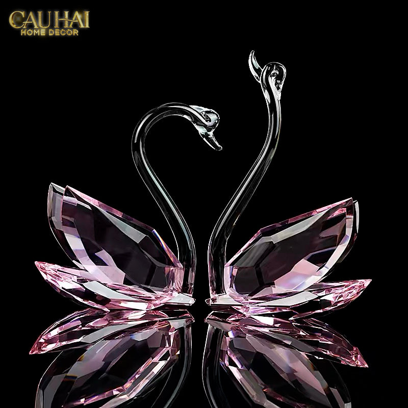 Set 2 Tượng Thiên Nga Pha Lê Trang Trí Crystal Swan Étreinte Rosé 2pcs