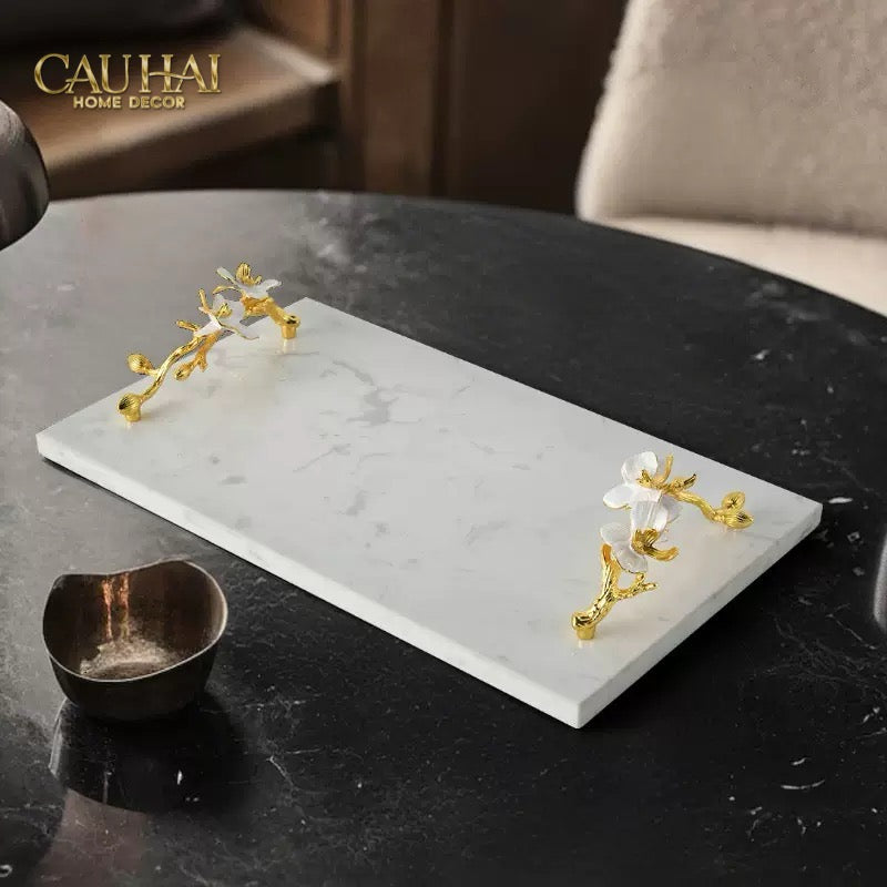 Maison Couture - Khay Đá Marble Chữ Nhật Haute Orchid Golden Branches Decorative Trays 22x37