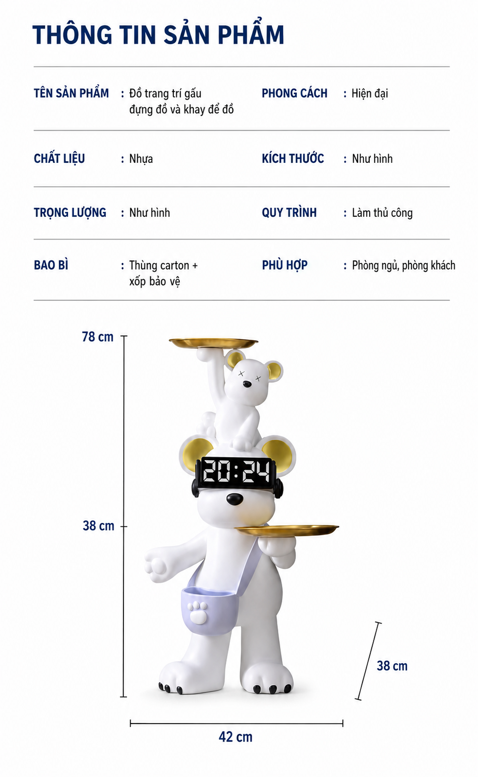 Tượng Gấu Trang Trí Kèm Khay & Đồng Hồ Milo Timekeeper H78