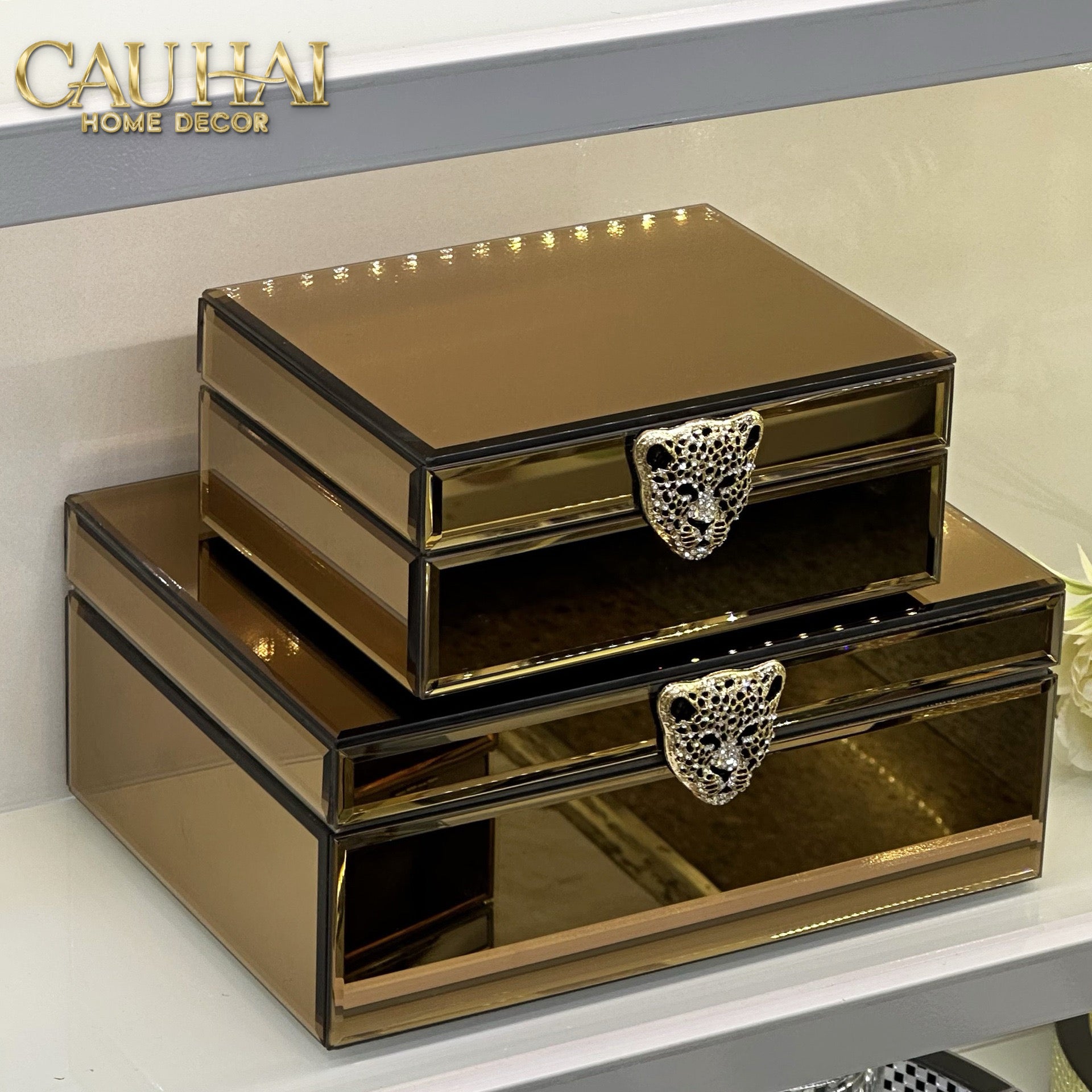 Set 2 Hộp Trang Sức Mirror Chữ Nhật Panther Argenté Bronze