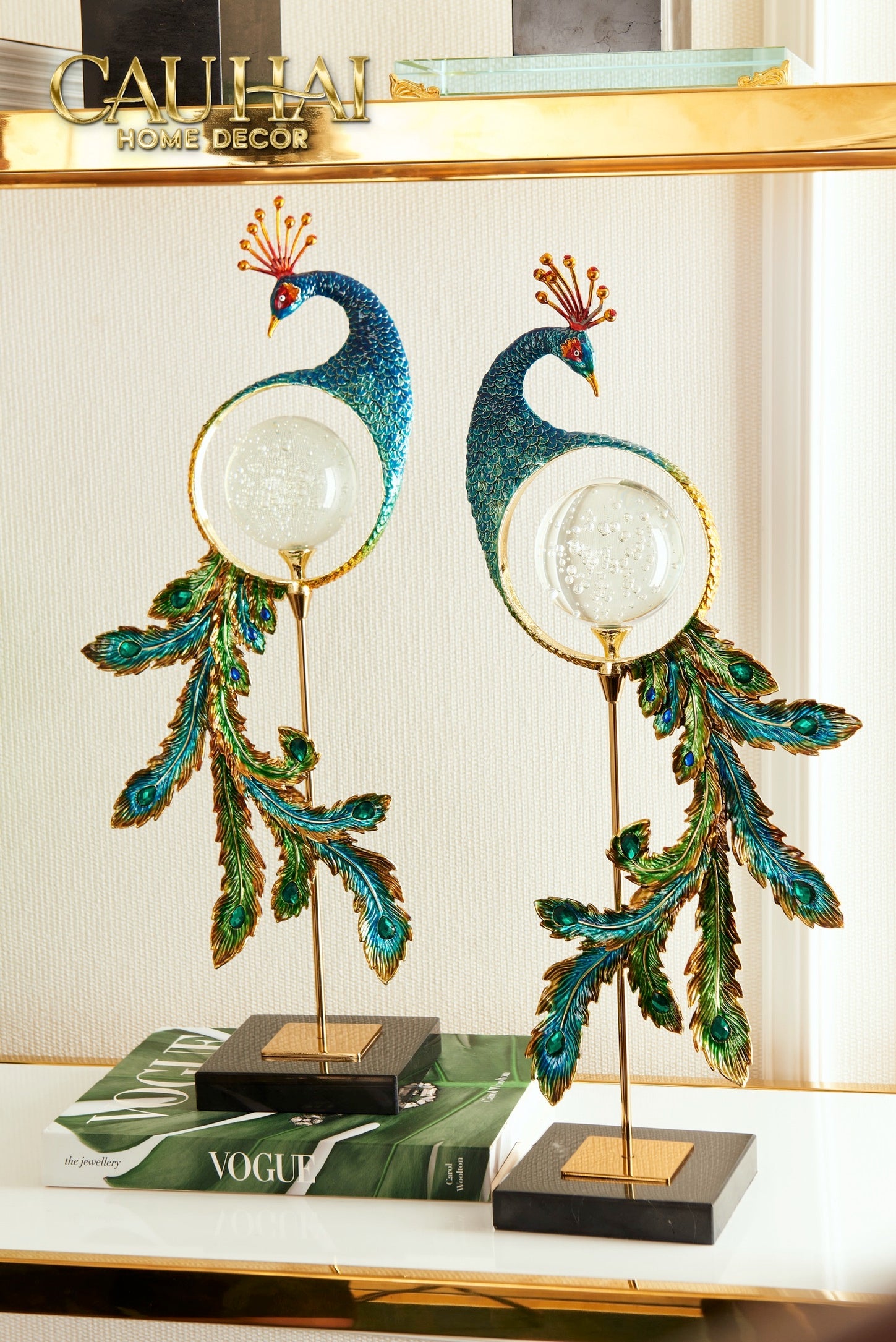 Maison Couture - Majestic Aurelia Paon Brass & Cristalleries Sculpture 20x10x54