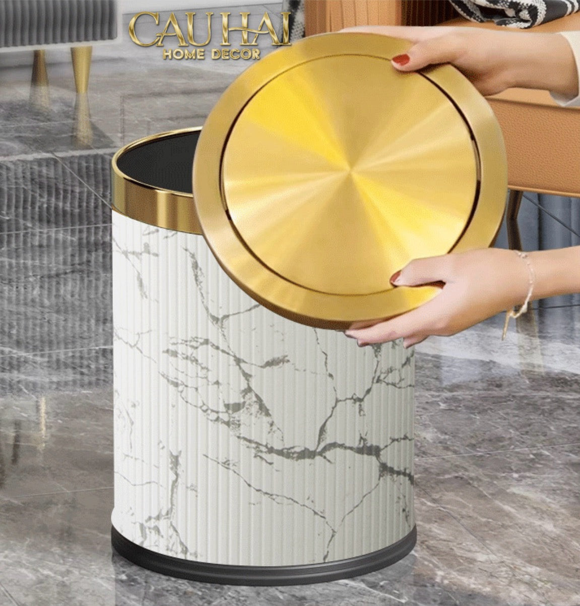 Thùng Rác Da Vân Đá Marble Prime Minimal Desk Trash Cans 9L 20x31
