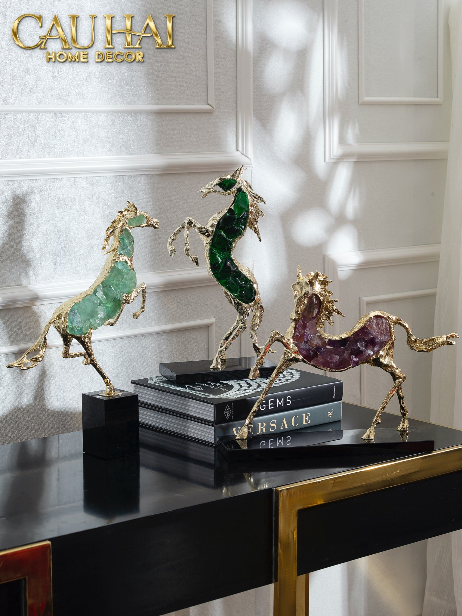 HOME COUTURE GILDED CAVALIER BRONZE HORSE STATUE