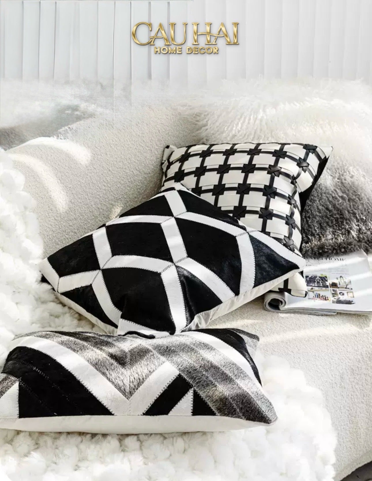 HOME COUTURE - VỎ GỐI DA LUX LEATHER CROSSLINE MONOCHROME  45