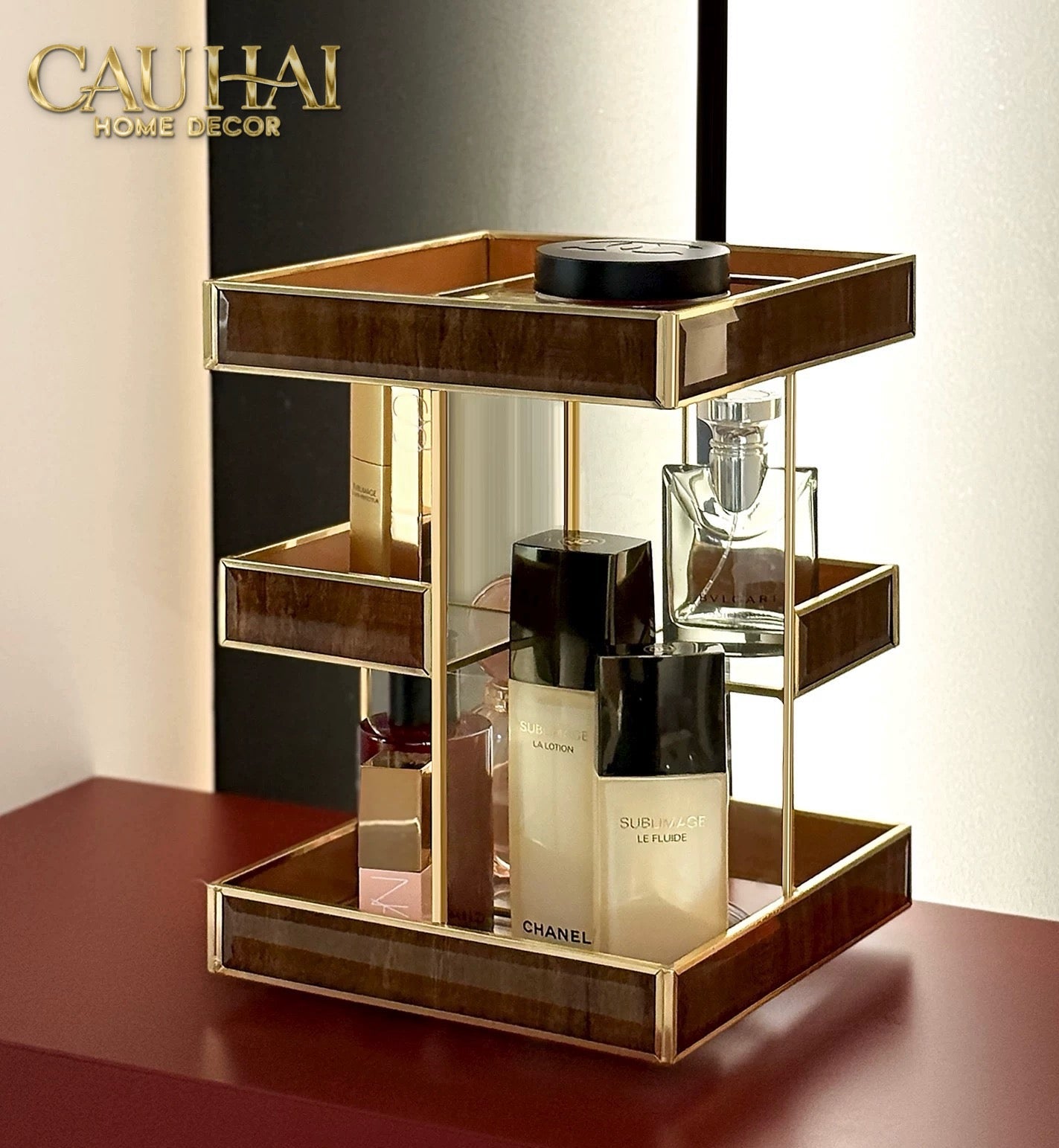 Haute Folie - Kệ 3 Tầng Thuỷ Tinh Xoay 360• Bàn Trang Điểm Élégance       Rotating Vanity Organizer 20x20x28.8