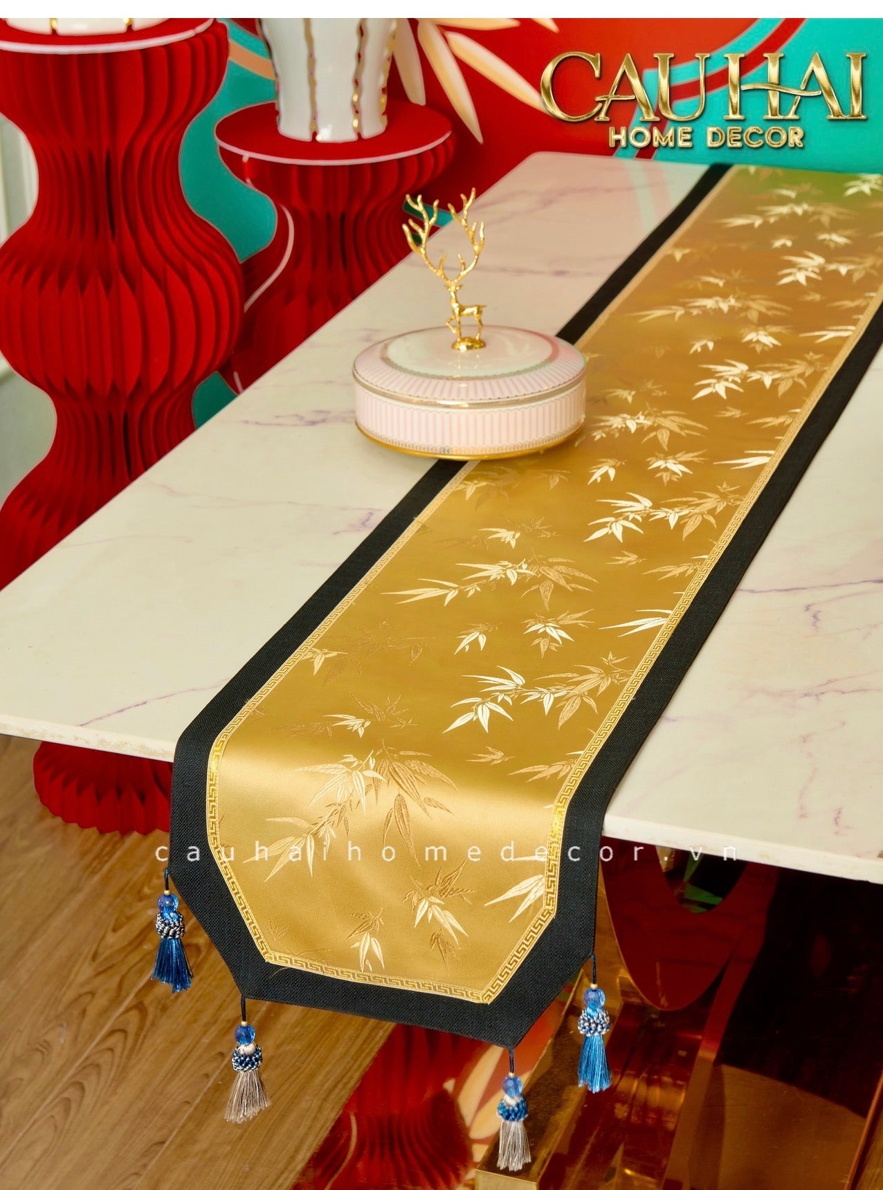 Tết Couture -  Bộ 2 Khăn Trải Bàn Gấm Thượng Hạng Hỷ Trúc Kim Mai 2M4 Luxury Brocade Table Runner