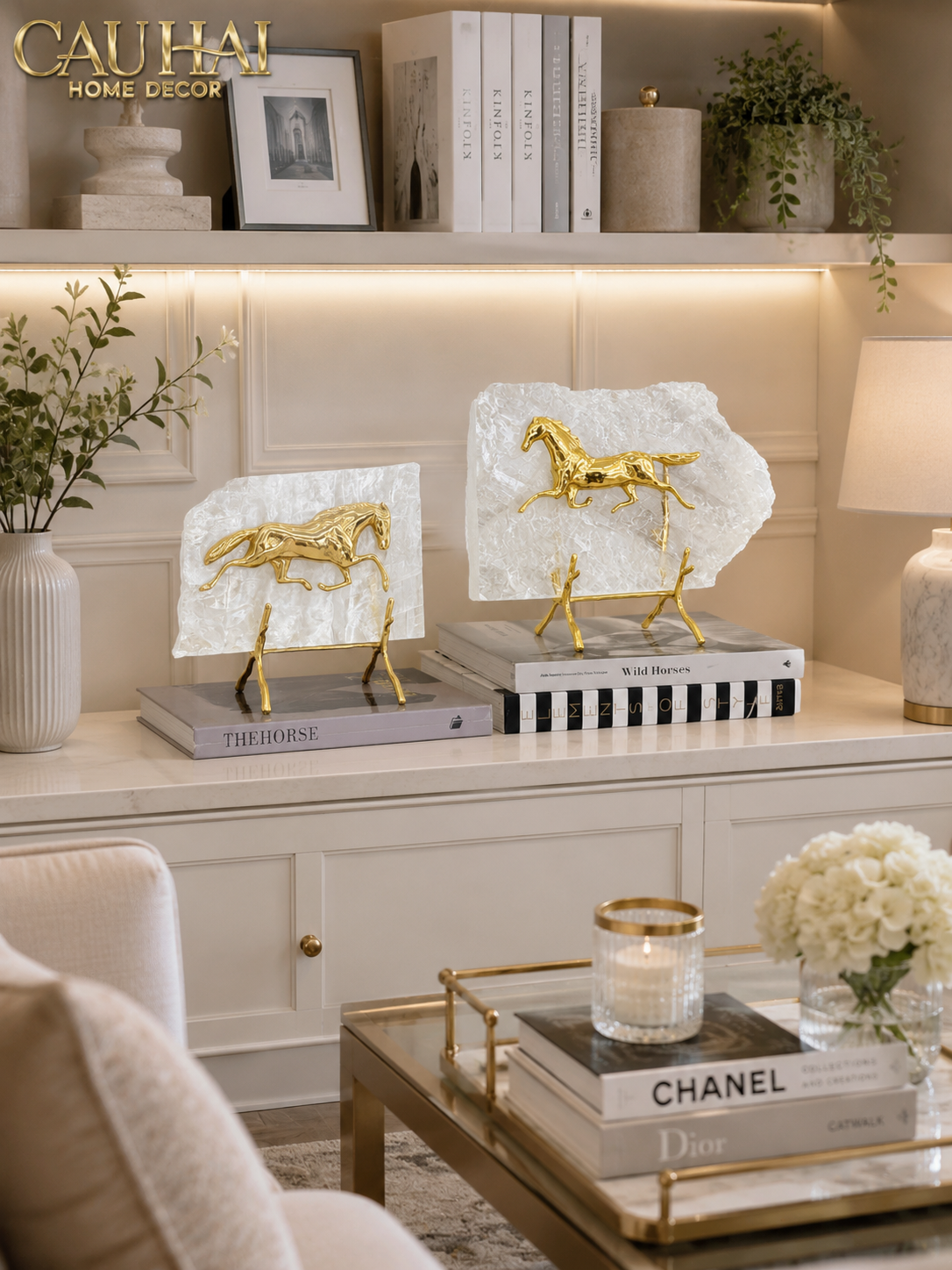 Maison Couture - Set of 2 Equestrian Gilded Hidden Stallion Grande Quartz Horse Statues