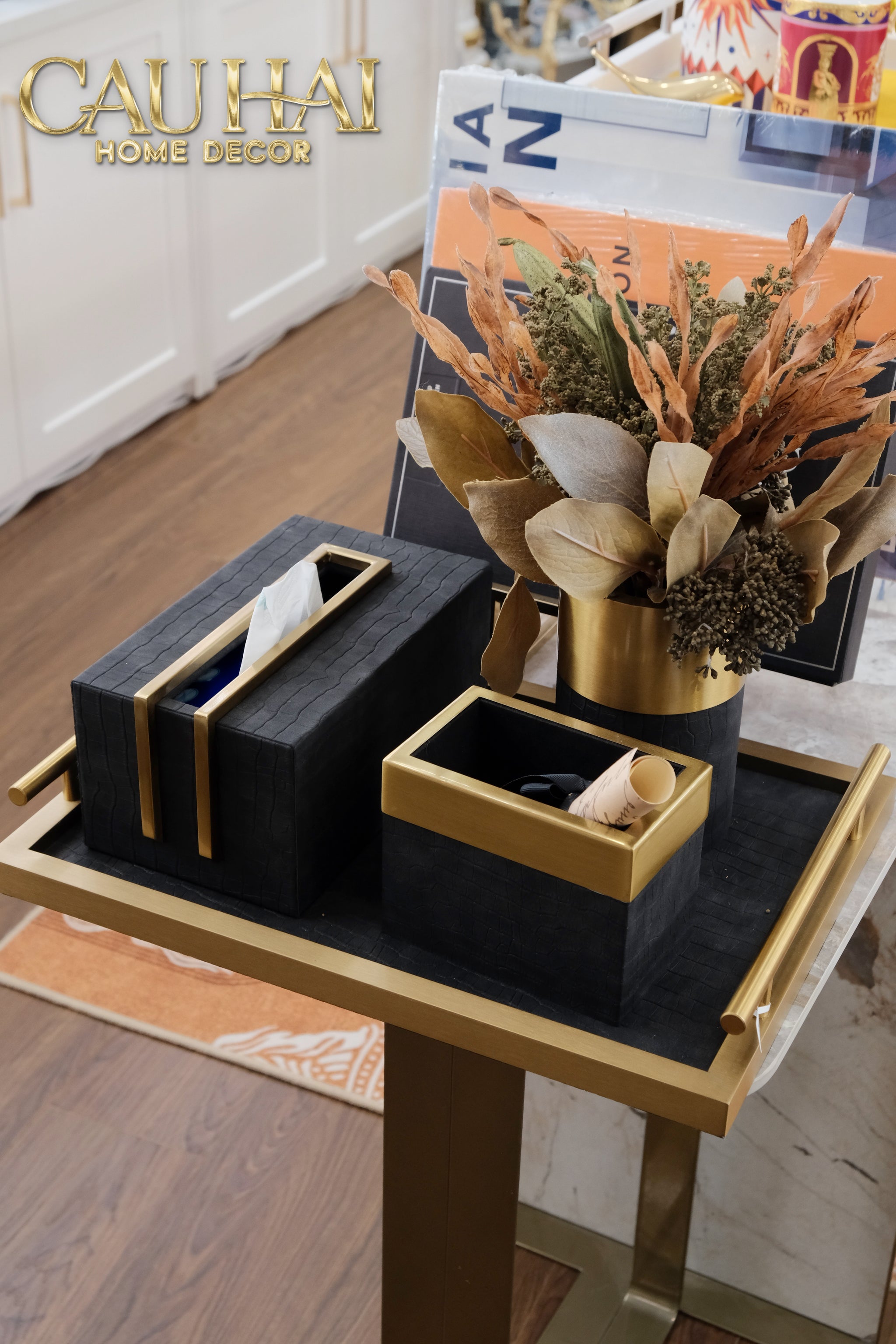 Maison Couture - Set Khay Hộp Giấy Gỗ Sồi Da Cao Cấp Có Bình Hoa - Luxe Oakwood Birkin Noire Vanities 4Pcs 30x40